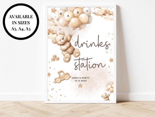 Drinks Station Baby Shower Sign/ Personalised Gender Reveal Neutral Bear Poster/ We Can Bearly Wait/ Brown Balloons Party Decor