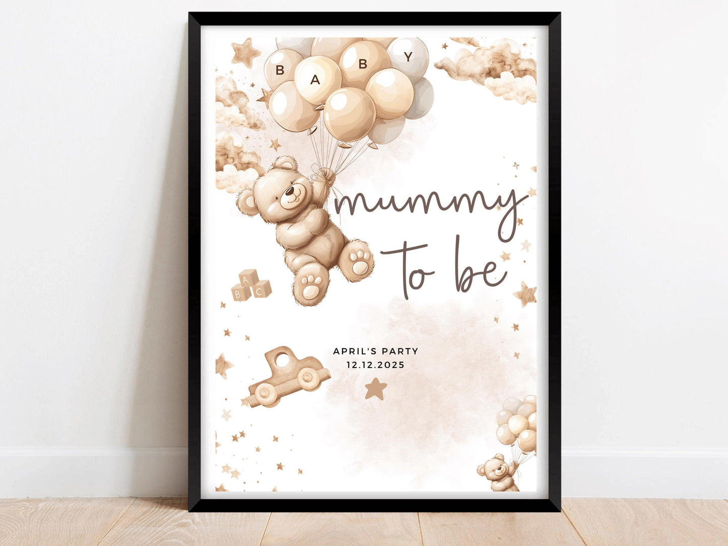 Mummy to Be Baby Shower Sign/ Personalised Gender Reveal Neutral Bear Poster/ We Can Bearly Wait/ Brown Balloons Party Decor