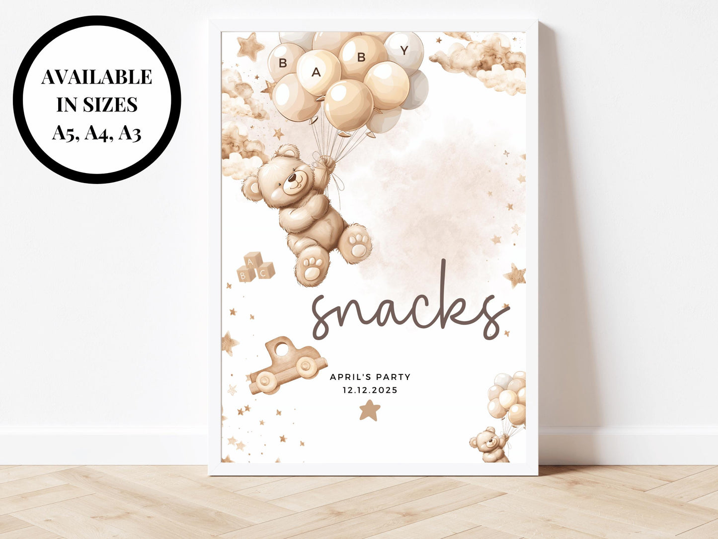 Snacks Baby Shower Sign/ Personalised Food Sweets Dessert Gender Reveal Neutral Bear Poster/ We Can Bearly Wait/ Brown Balloons Decor