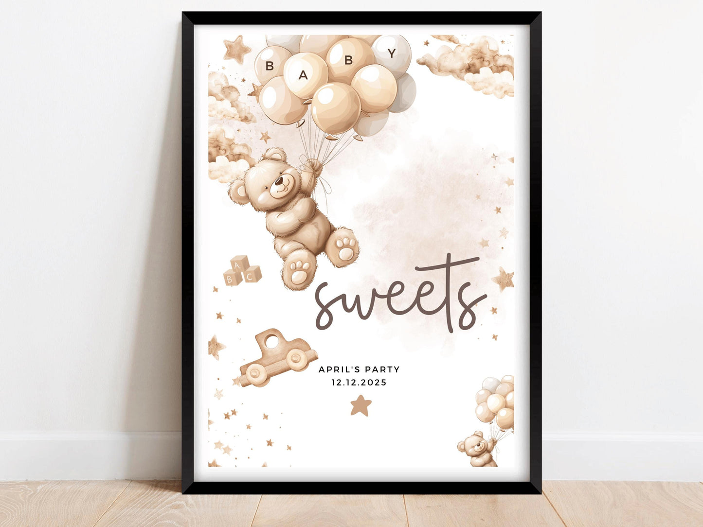 Sweets Baby Shower Sign/ Personalised Pick n Mix Cake Dessert Gender Reveal Neutral Bear Poster/ We Can Bearly Wait/ Brown Balloons Decor