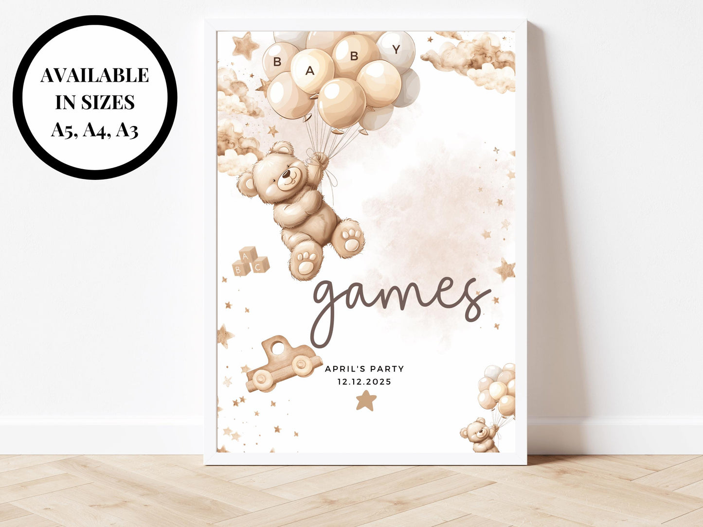 Games Baby Shower Sign/ Personalised Gender Reveal Neutral Bear Poster/ We Can Bearly Wait Party Games/ Brown Balloons Decorations