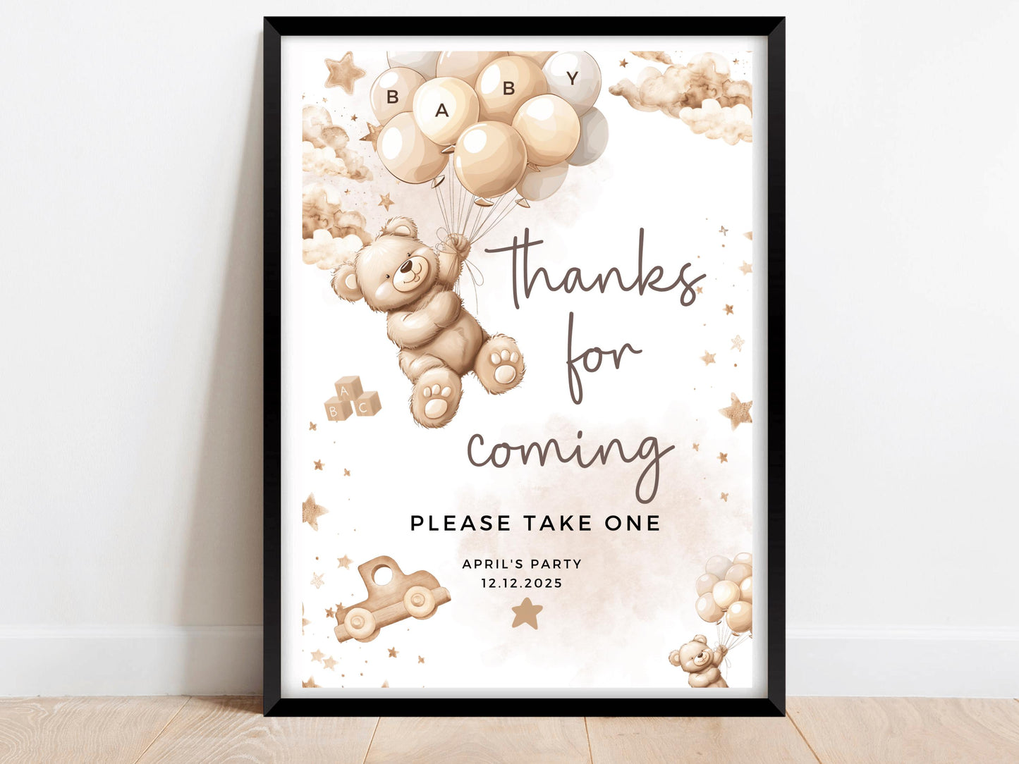 Thanks for Coming Baby Shower Sign/ Personalised Please Take One Gender Reveal Neutral Bear/ We Can Bearly Wait/ Brown Balloons Favours