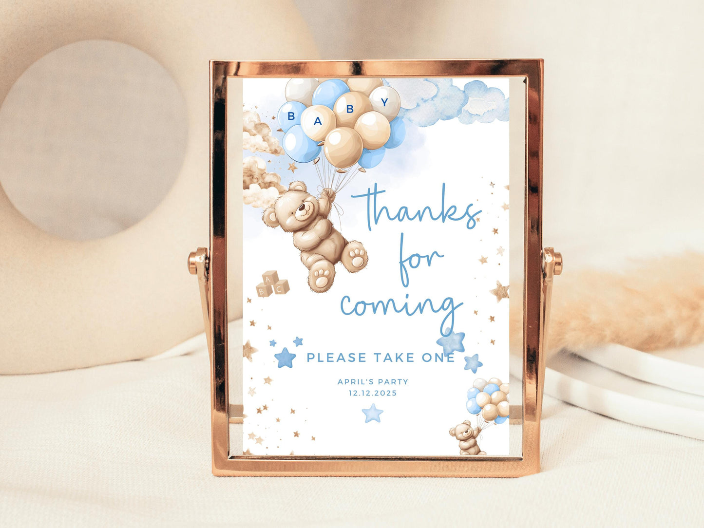 Thanks for Coming Baby Shower Sign/ Personalised Please Take One Gender Reveal Bear/ We Can Bearly Wait/ Baby Boy Blue Balloons Favours