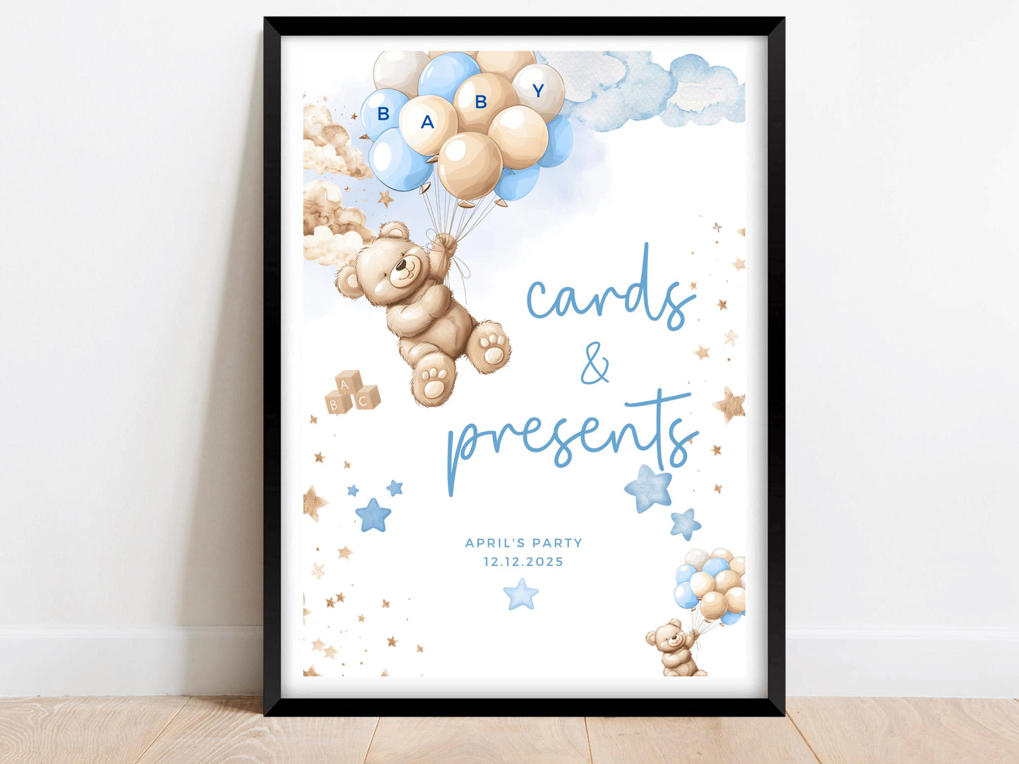 Cards and Present Baby Shower Sign/ Personalised Gender Reveal Neutral Bear/ We Can Bearly Wait Party Games/ Baby Boy Blue Balloons Decor