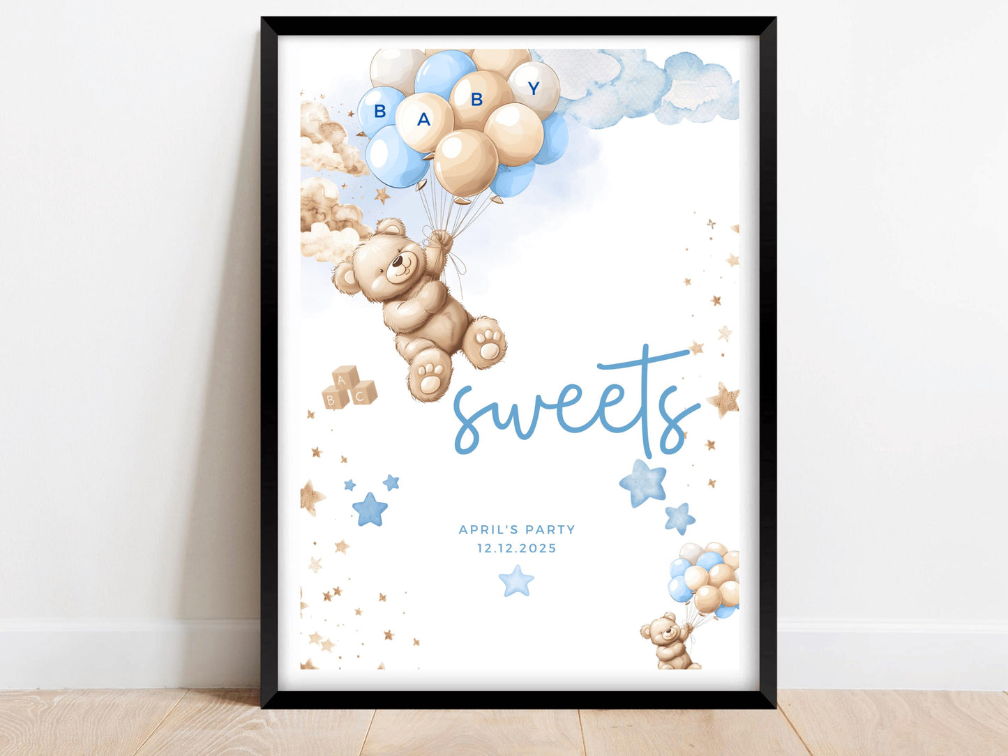 Sweets Baby Shower Sign/ Personalised Pick n Mix Cake Gender Reveal Neutral Bear Poster/ We Can Bearly Wait/ Baby Boy Blue Balloons Decor