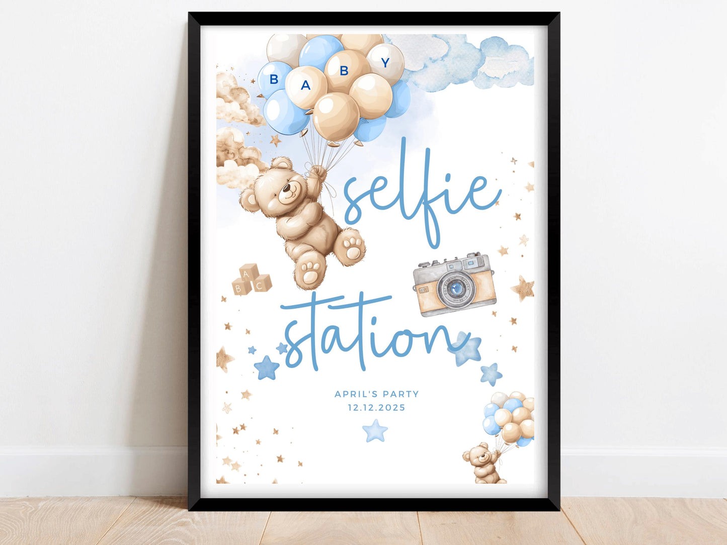 Selfie Station Baby Shower Sign/ Personalised Photo Booth Photography Gender Reveal Neutral Bear/ We Can Bearly Wait/ Baby Boy Blue Balloons