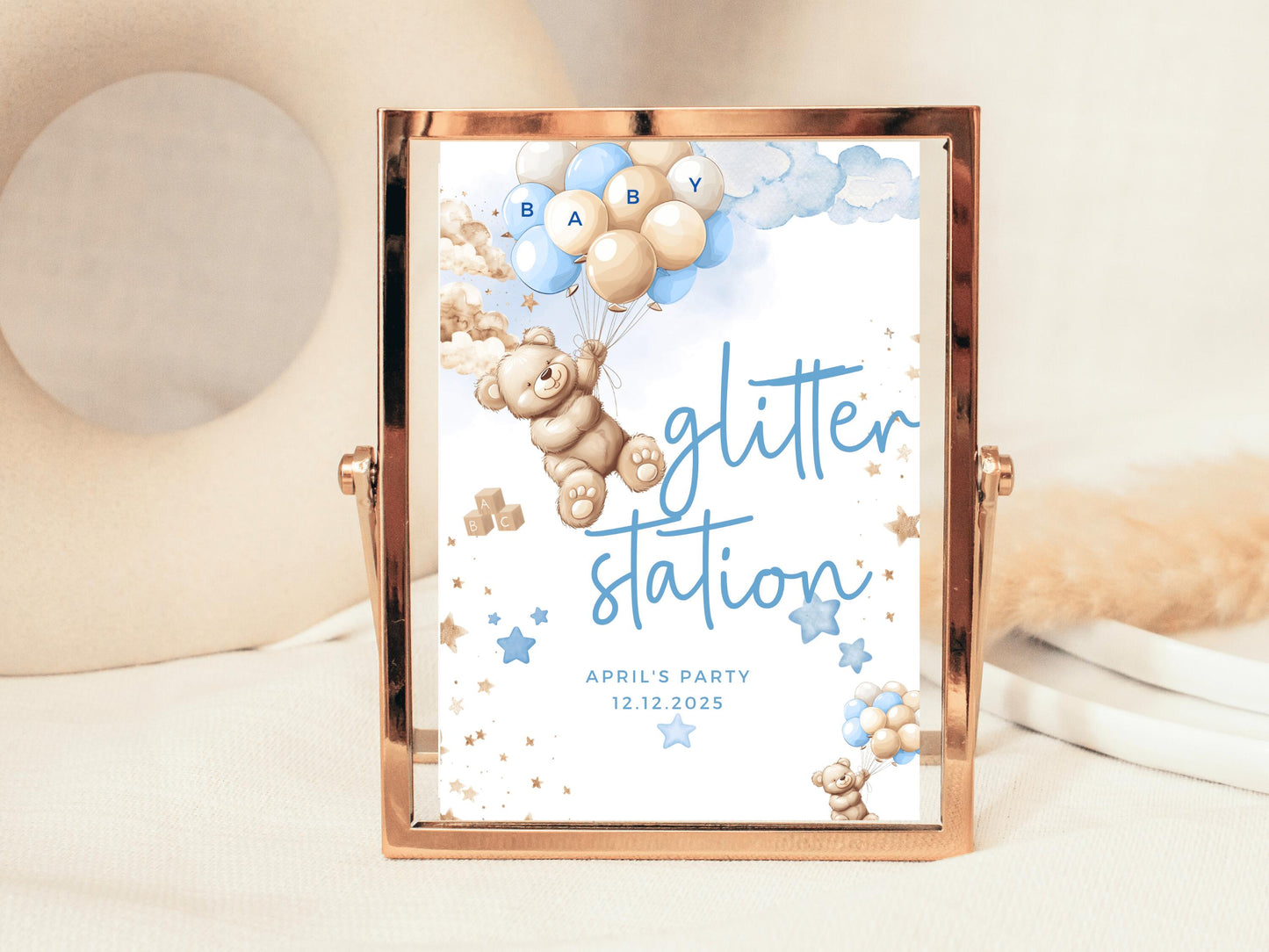 Glitter Station Baby Shower Sign/ Personalised Fun Face Painting Games Gender Reveal Neutral Bear/ We Can Bearly Wait/Baby Boy Blue Balloons