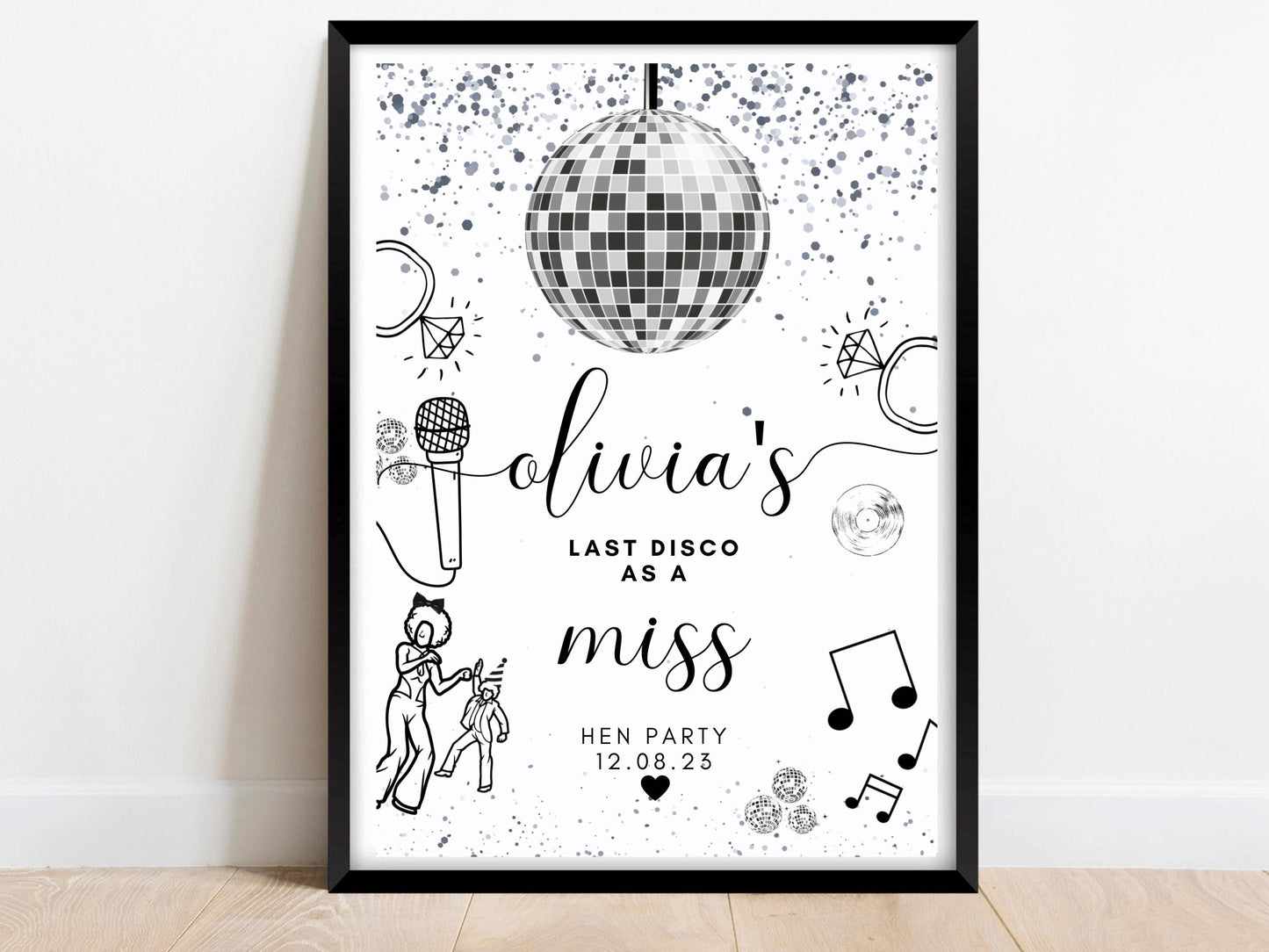 Last Disco as a Miss Welcome Sign/ Personalised Silver Disco Ball Hen Party Decor/ Bridal Shower Novelty Keepsake/Silver Theme Bridal Shower