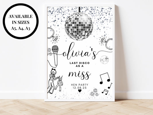 Last Disco as a Miss Welcome Sign/ Personalised Silver Disco Ball Hen Party Decor/ Bridal Shower Novelty Keepsake/Silver Theme Bridal Shower