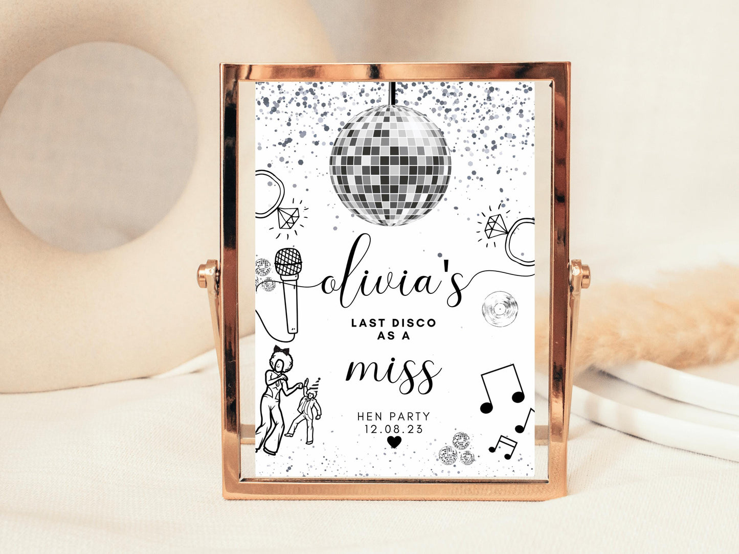 Last Disco as a Miss Welcome Sign/ Personalised Silver Disco Ball Hen Party Decor/ Bridal Shower Novelty Keepsake/Silver Theme Bridal Shower