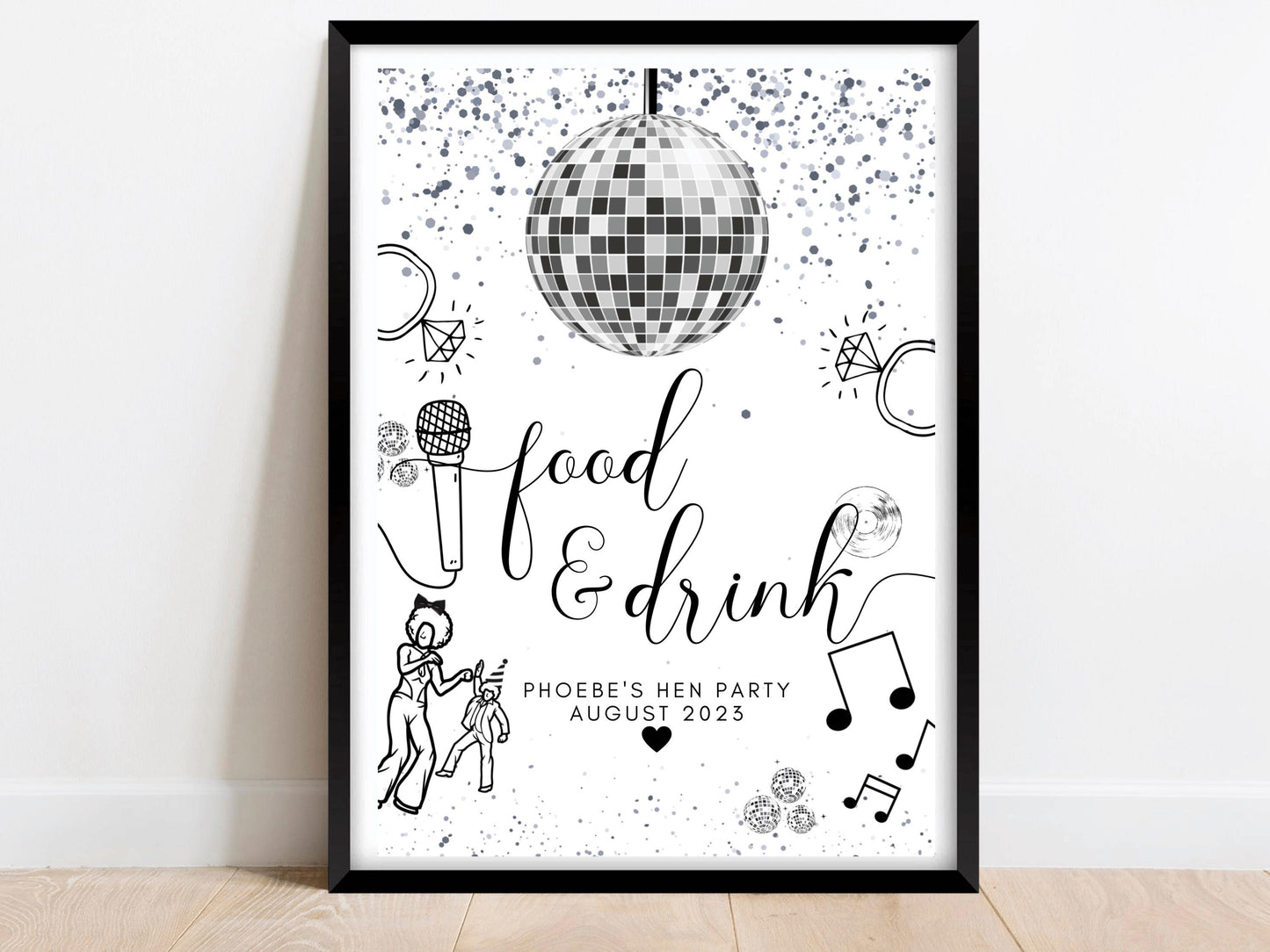 Food and Drink Sign/ Personalised Silver Disco Ball Hen Party Decor/ Bridal Shower  Keepsake/ Silver Theme Bachelorette/Last Disco as a Miss