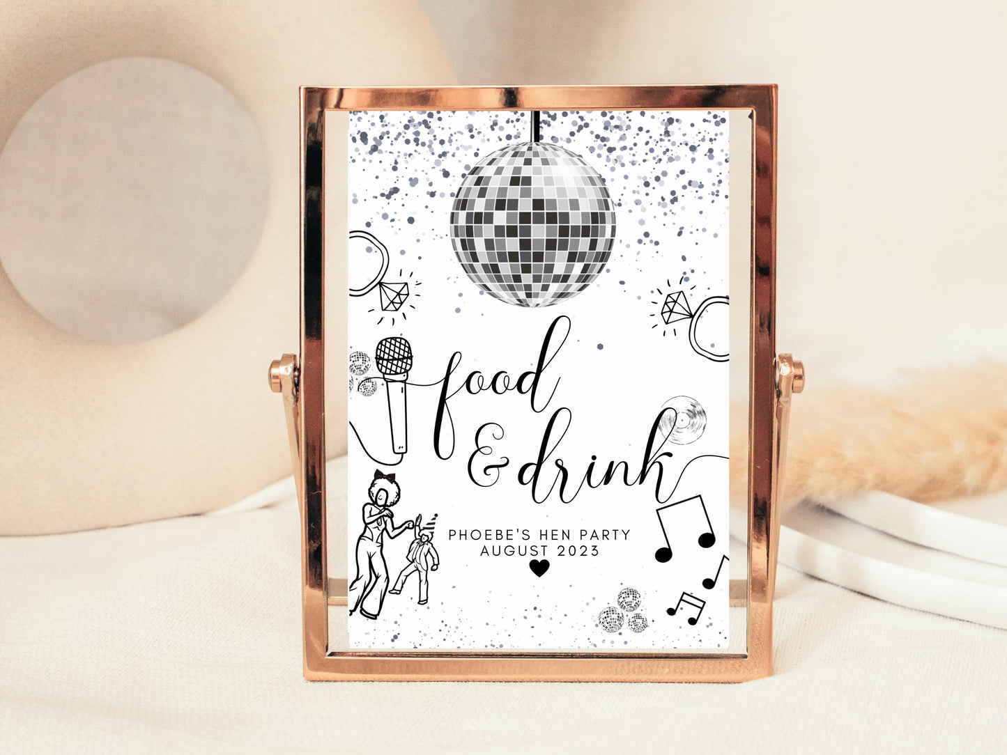 Food and Drink Sign/ Personalised Silver Disco Ball Hen Party Decor/ Bridal Shower  Keepsake/ Silver Theme Bachelorette/Last Disco as a Miss