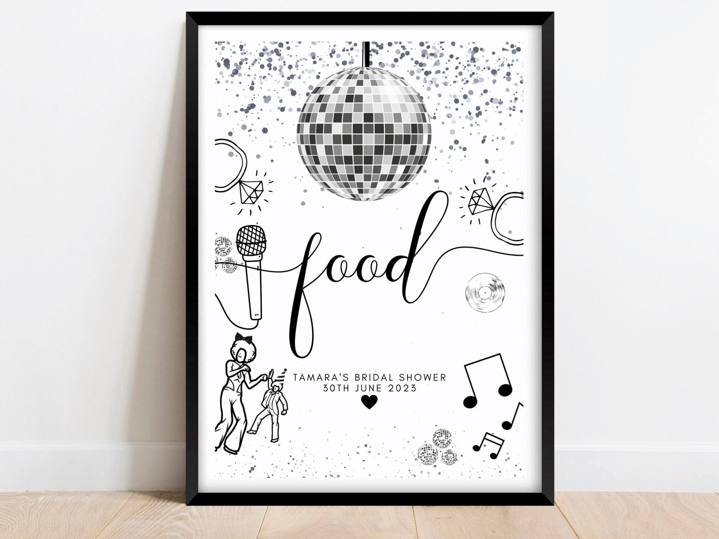 Food Sign/ Personalised Silver Disco Ball Hen Party Decor/ Bridal Shower Keepsake/ Silver Theme Bachelorette/ Last Disco as a Miss Poster