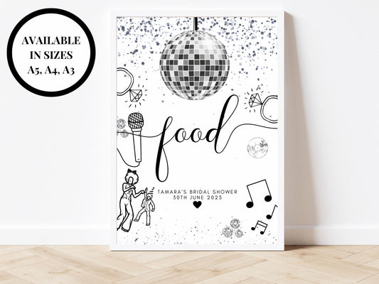 Food Sign/ Personalised Silver Disco Ball Hen Party Decor/ Bridal Shower Keepsake/ Silver Theme Bachelorette/ Last Disco as a Miss Poster