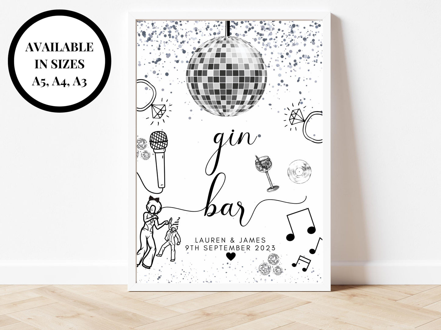 Gin Bar Sign/ Personalised Silver Disco Ball Hen Party Decor/ Drinks Alcohol Cocktail Bridal Shower/ Silver Last Disco as a Miss Poster