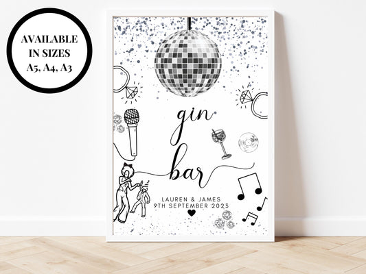 Gin Bar Sign/ Personalised Silver Disco Ball Hen Party Decor/ Drinks Alcohol Cocktail Bridal Shower/ Silver Last Disco as a Miss Poster