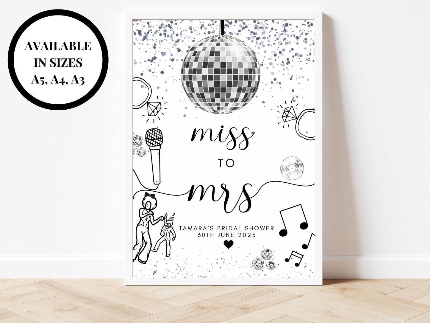 Miss to Mrs Sign/ Personalised Silver Disco Ball Hen Party Decor/ Bridal Shower Keepsake/ Silver Theme Bachelorette/ Last Disco Poster