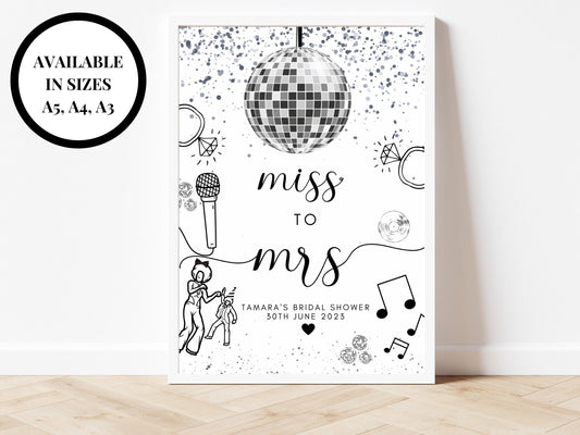 Miss to Mrs Sign/ Personalised Silver Disco Ball Hen Party Decor/ Bridal Shower Keepsake/ Silver Theme Bachelorette/ Last Disco Poster