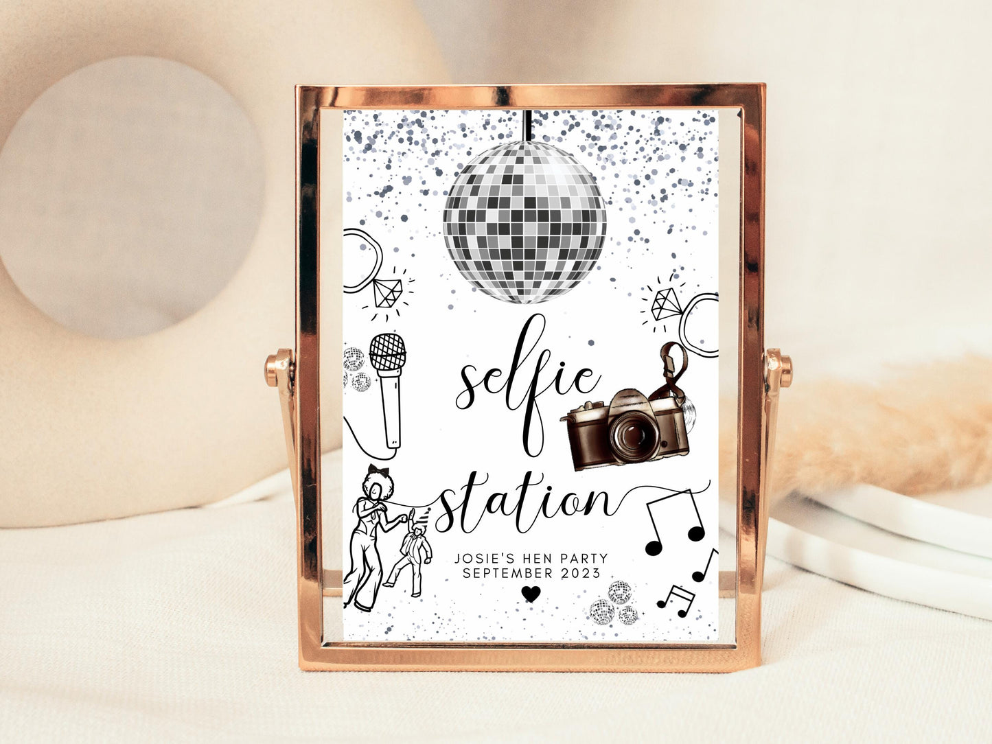 Selfie Station Sign/ Personalised Photography Photo Booth Silver Disco Ball Hen Party Decor/ Bridal Shower/ Silver Theme Last Disco Poster