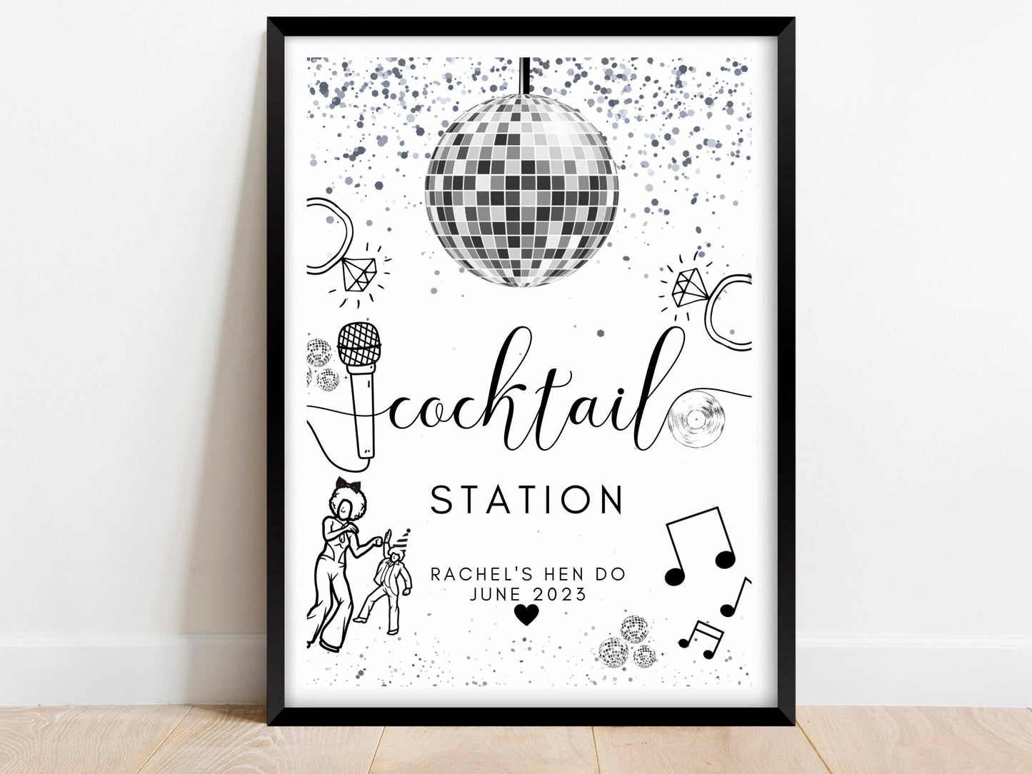 Cocktail Station Sign/ Personalised Silver Disco Ball Hen Party Decor/ Drinks Alcohol Mocktail Bridal Shower/ Silver Last Disco Poster