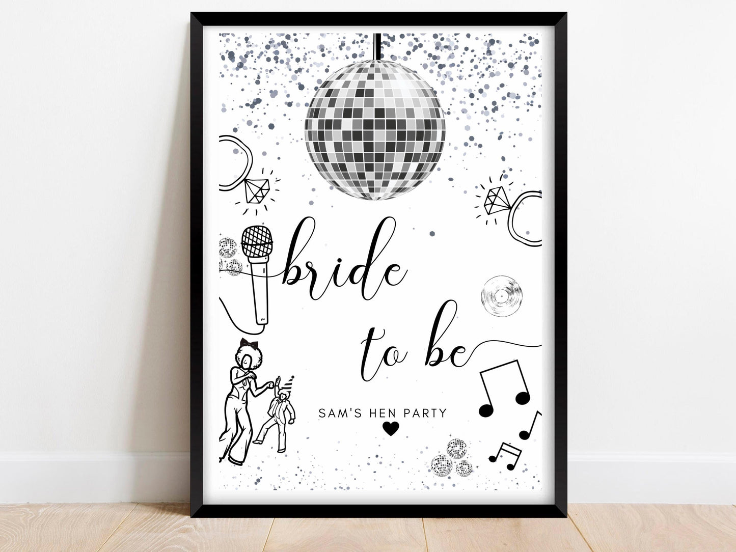 Bride to Be Sign/ Personalised Silver Disco Ball Hen Party Decor/ Bridal Shower Keepsake/ Silver Theme Bachelorette/ Last Disco Poster