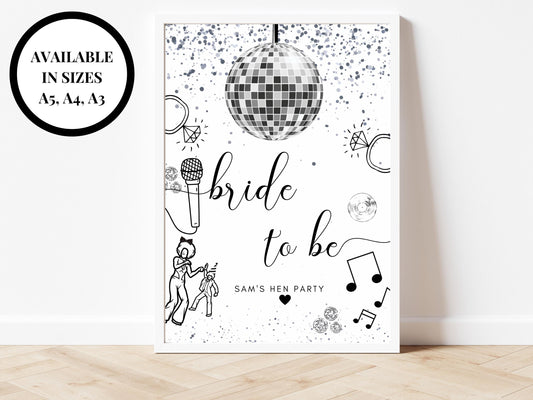 Bride to Be Sign/ Personalised Silver Disco Ball Hen Party Decor/ Bridal Shower Keepsake/ Silver Theme Bachelorette/ Last Disco Poster