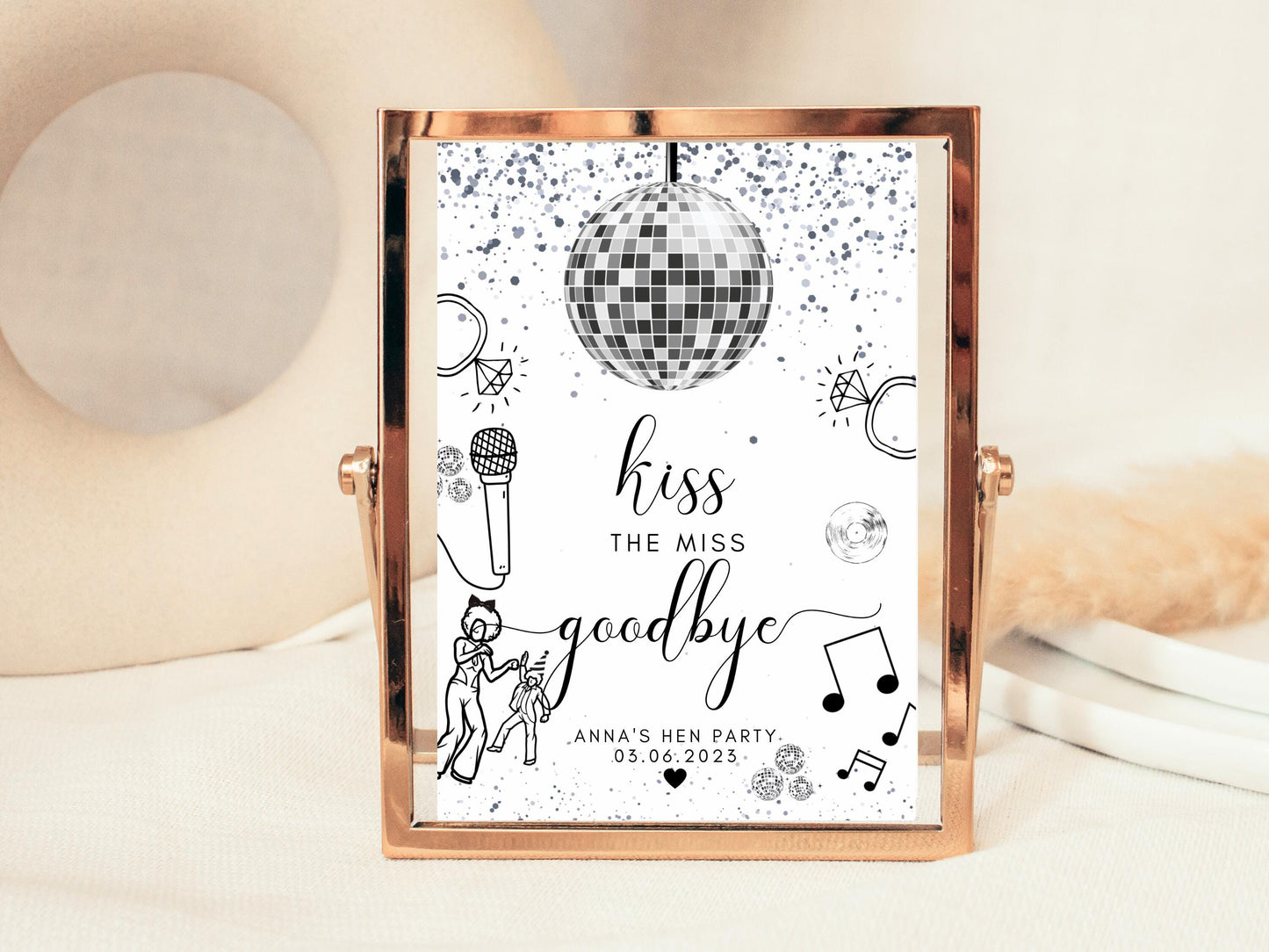 Kiss the Miss Goodbye Sign/ Personalised Silver Disco Ball Hen Party Decor/ Bridal Shower/ Silver Theme Miss to Mrs Last Disco Poster