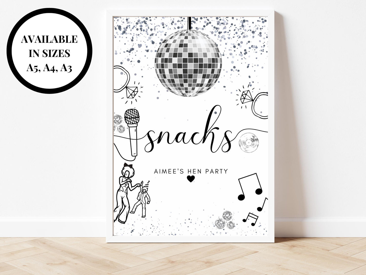 Snacks Sign/ Personalised Silver Disco Ball Hen Party Decor/ Bridal Shower Keepsake/ Silver Theme Bachelorette/ Last Disco as a Miss Poster