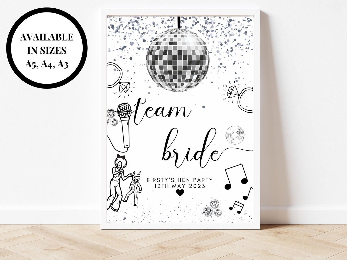 Team Bride Sign/ Personalised Silver Disco Ball Hen Party Decor/ Bridal Shower Keepsake/ Silver Theme Bachelorette/ Last Disco Poster