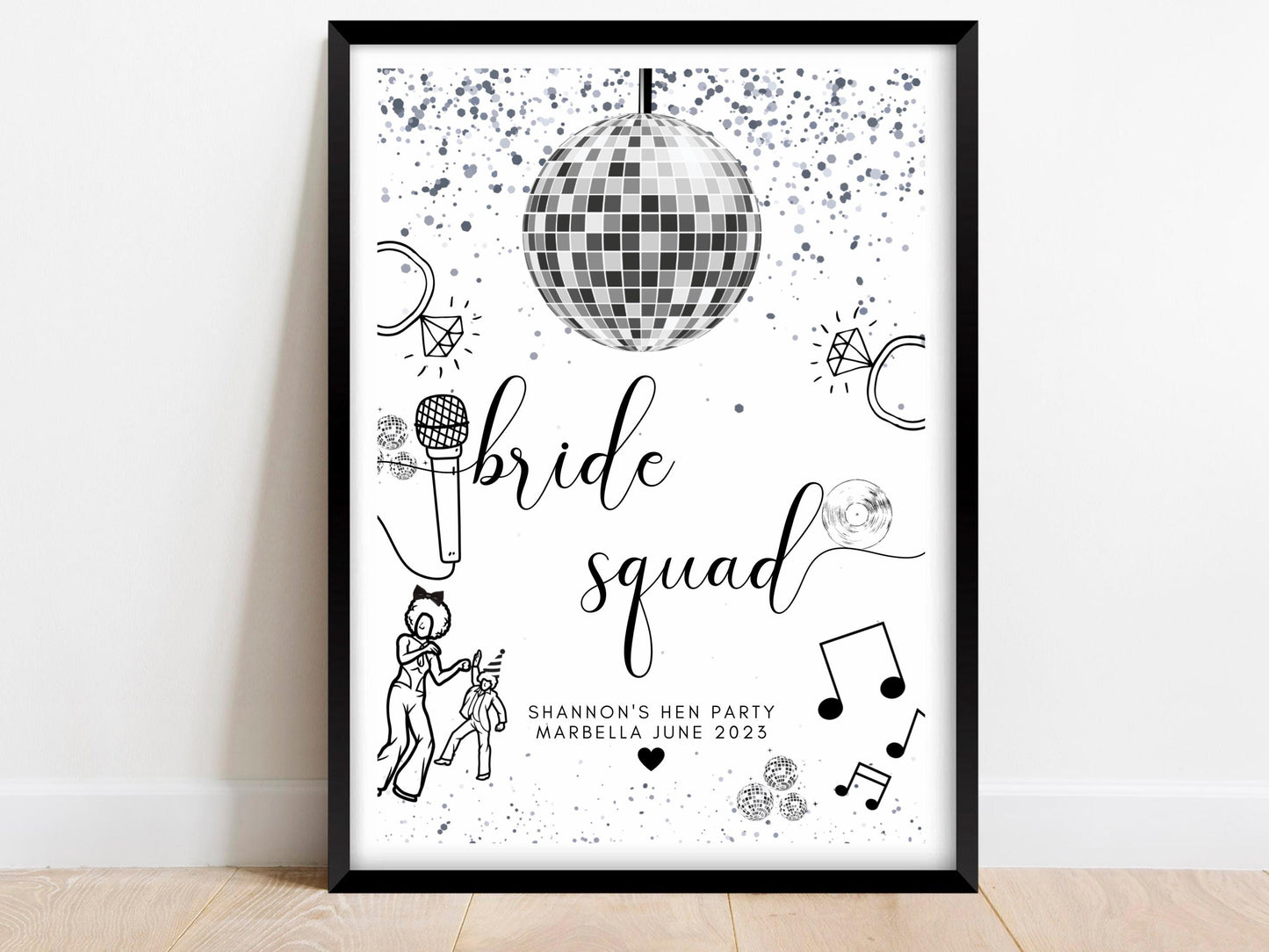 Bride Squad Sign/ Personalised Silver Disco Ball Hen Party Decor/ Bridal Shower Keepsake/ Silver Theme Bachelorette/ Last Disco Poster