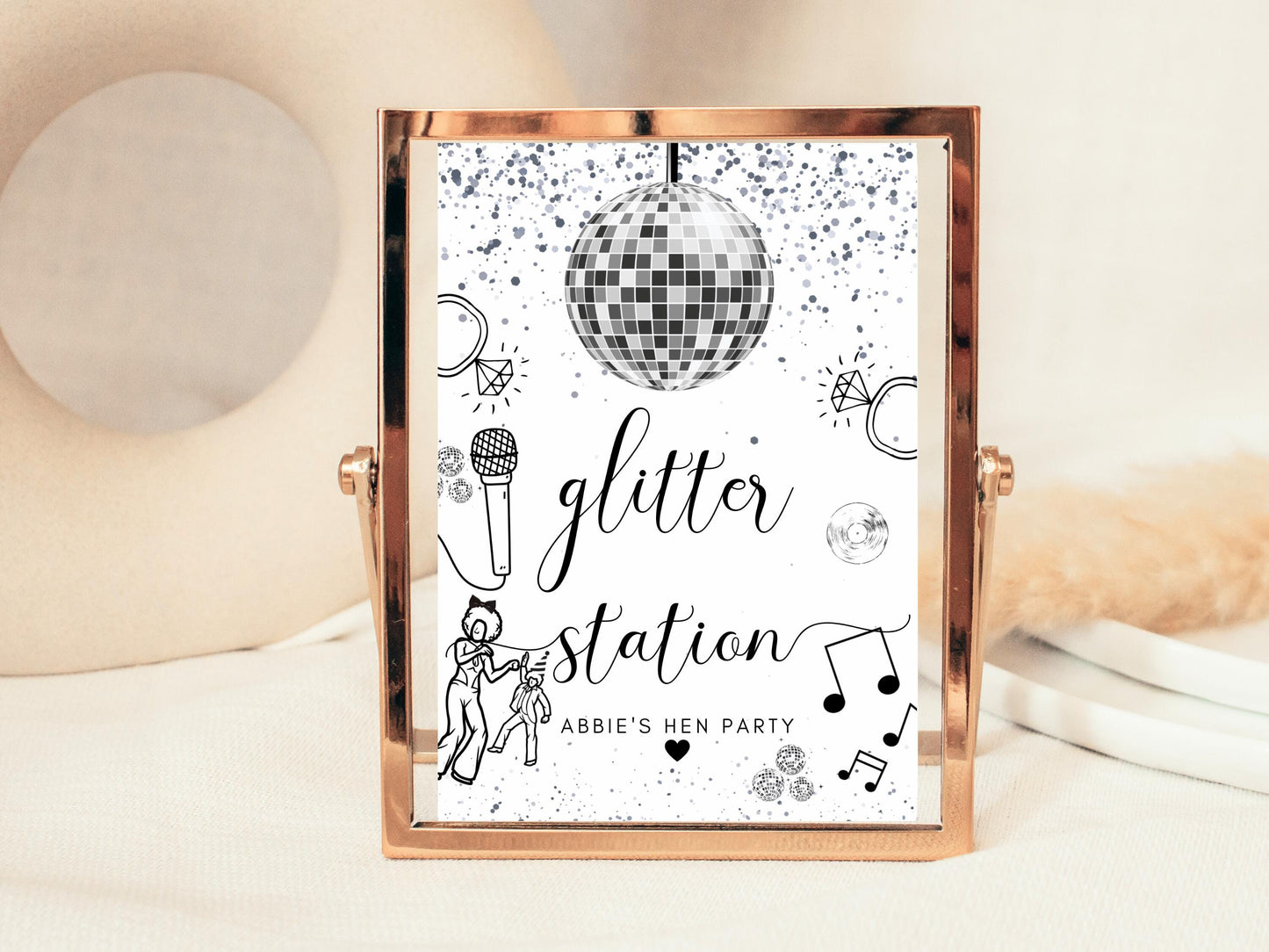 Glitter Station Sign/ Personalised Fun Face Painting Silver Disco Ball Hen Party Decor/ Bridal Shower/ Silver Theme Last Disco Poster