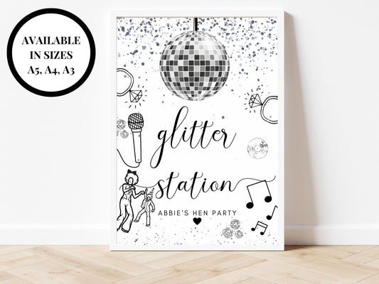 Glitter Station Sign/ Personalised Fun Face Painting Silver Disco Ball Hen Party Decor/ Bridal Shower/ Silver Theme Last Disco Poster