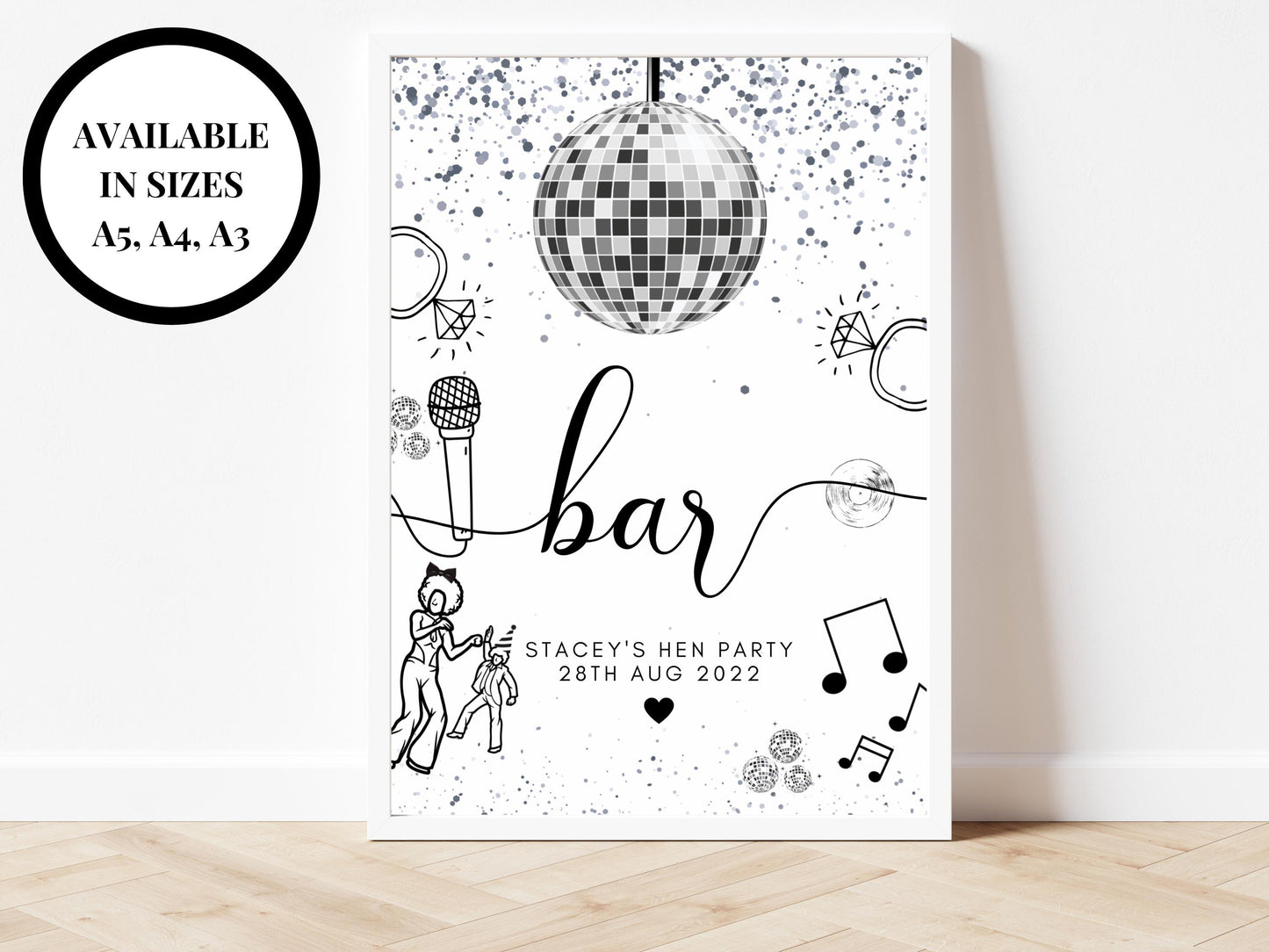 Bar Sign/ Personalised Silver Disco Ball Hen Party Decor/ Drinks Alcohol Cocktail Mocktail Bridal Shower/ Silver Last Disco Poster