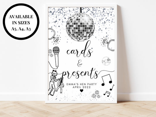 Cards and Presents Sign/ Personalised Silver Disco Ball Hen Party Decor/ Gifts Cards Presents Bridal Shower/ Silver Last Disco Poster