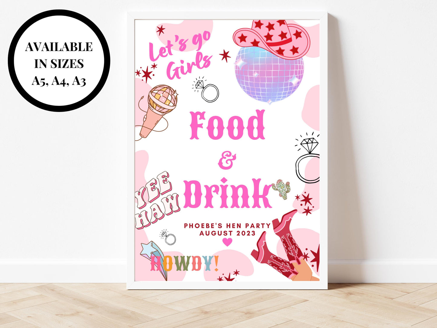 Food and Drinks Sign/ Last Rodeo Personalised Cowgirl Disco Ball Hen Party/ Bridal Shower/ Let's Go Girls Nashville/ Nash Bash Country Sign