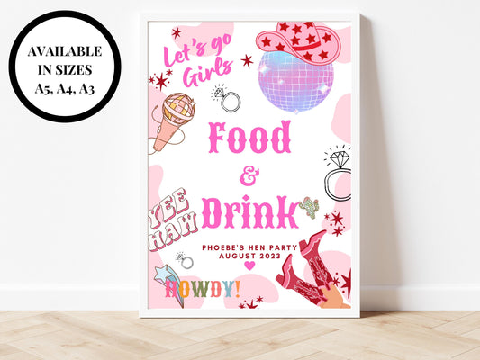 Food and Drinks Sign/ Last Rodeo Personalised Cowgirl Disco Ball Hen Party/ Bridal Shower/ Let's Go Girls Nashville/ Nash Bash Country Sign