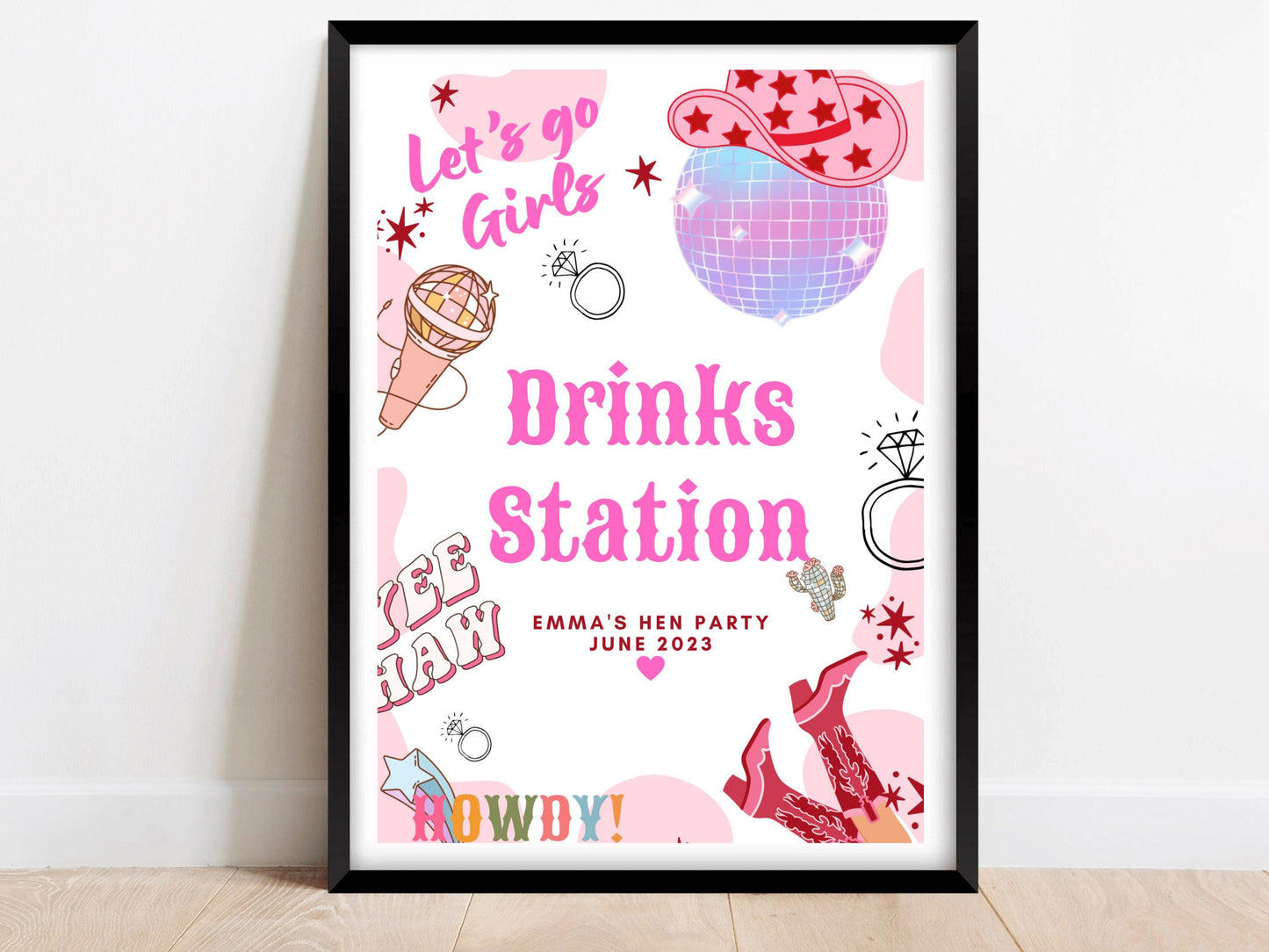 Drinks Station Sign/ Last Rodeo Personalised Disco Ball Hen Party/ Drinks Alcohol Cocktail/ Let's Go Girls Nashville/Nash Bash Country Sign