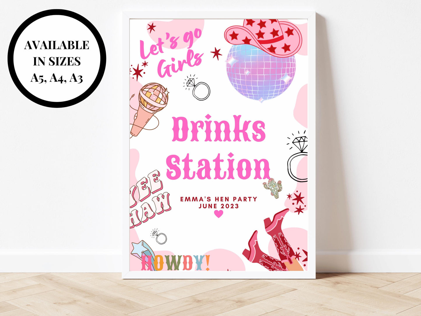 Drinks Station Sign/ Last Rodeo Personalised Disco Ball Hen Party/ Drinks Alcohol Cocktail/ Let's Go Girls Nashville/Nash Bash Country Sign