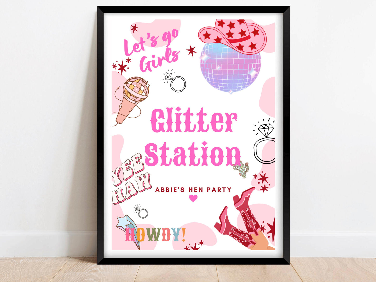 Glitter Station Sign/ Last Rodeo Personalised Disco Ball Hen Party/ Fun Face Painting/ Let's Go Girls Nashville/ Nash Bash Country Sign