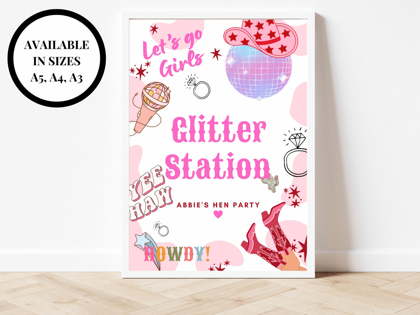 Glitter Station Sign/ Last Rodeo Personalised Disco Ball Hen Party/ Fun Face Painting/ Let's Go Girls Nashville/ Nash Bash Country Sign