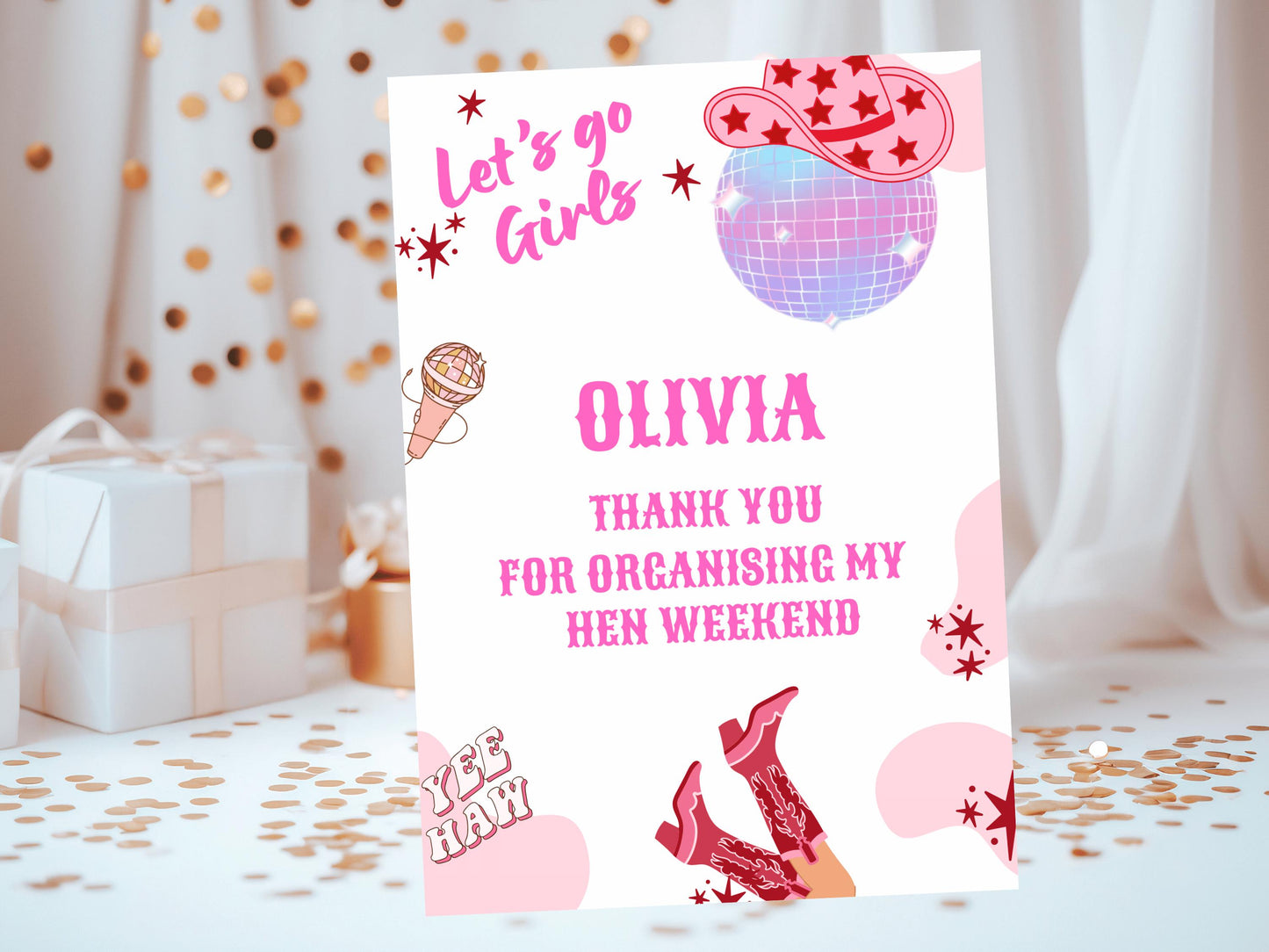 Thank You for Organising My Hen Weekend Card/ Last Rodeo Personalised Disco Hen Party/ Let's Go Girls Nashville/Nash Bash Country Gifts Card