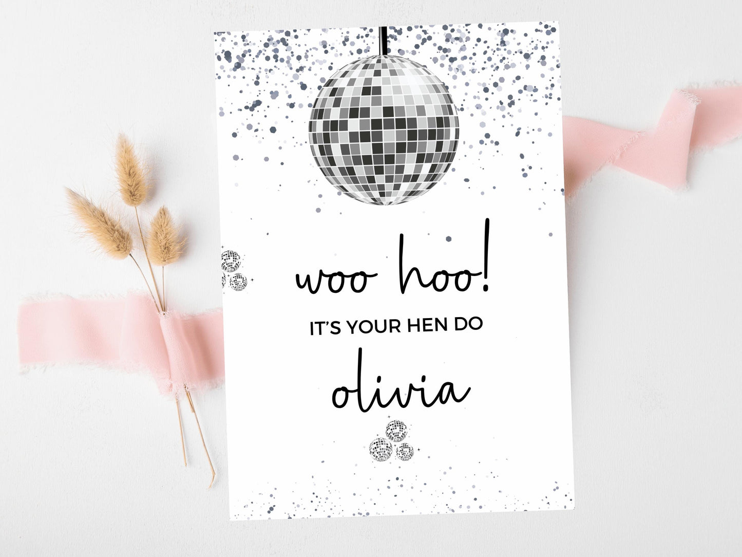 Woo Hoo Its Your Hen Do Hitched Card/ Personalised Silver Disco Ball Hen Party Greetings Card/ Bridal Shower/ Last Disco Bachelorette Card