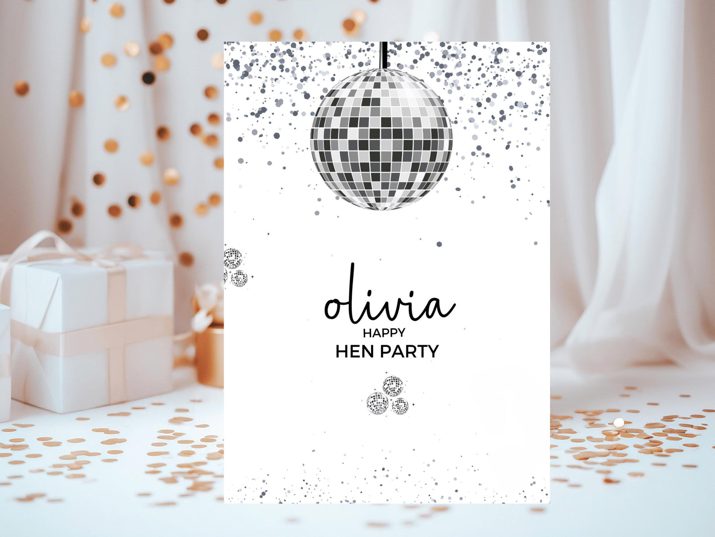 Happy Hen Party Card/ Personalised Silver Disco Ball Hen Party Greetings Card/ Team Bride Bridal Shower/ Last Disco Bachelorette Card