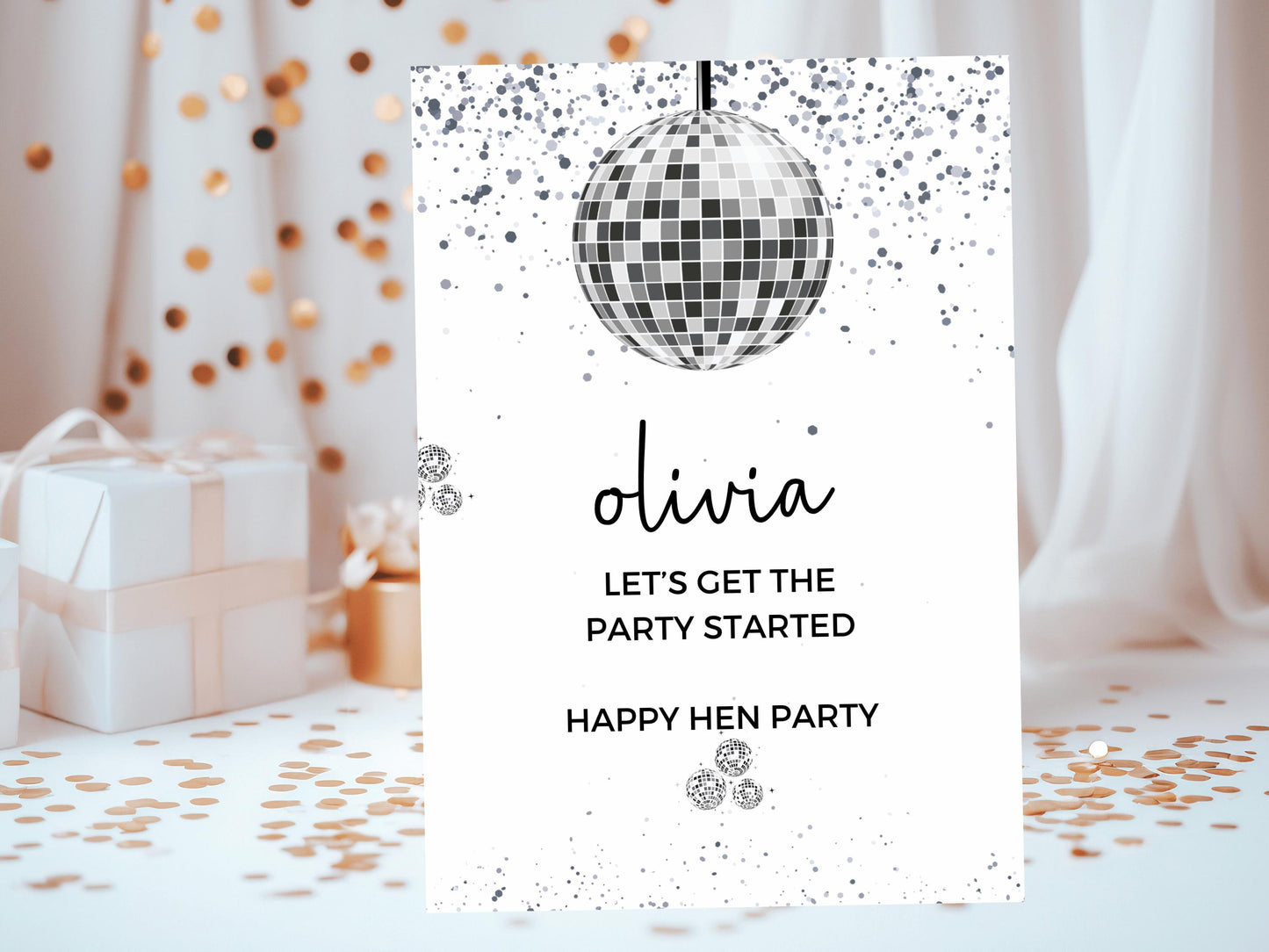 Lets Get the Party Started Hen Party Card/ Personalised Silver Disco Ball Hen Party Greetings Card/ Team Bride Bridal Shower/ Last Disco