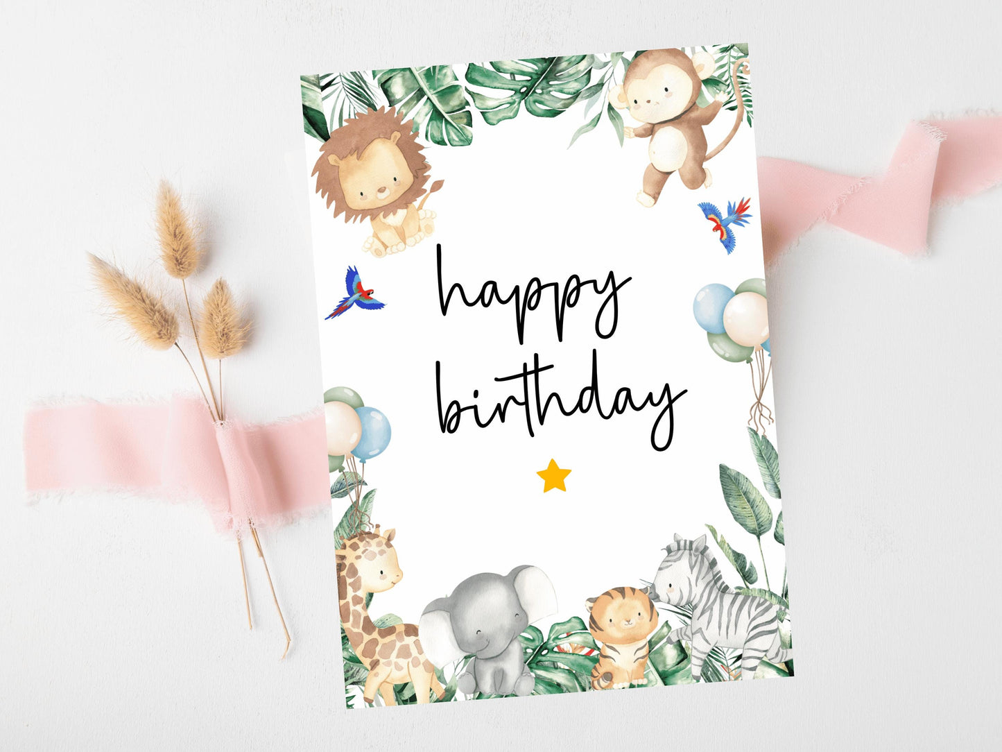 Happy Birthday Party Card/ Safari Theme Birthday Greetings Cards/ Childrens Birthday Party/ Jungle Animals/ Wild King of the Jungle Birthday