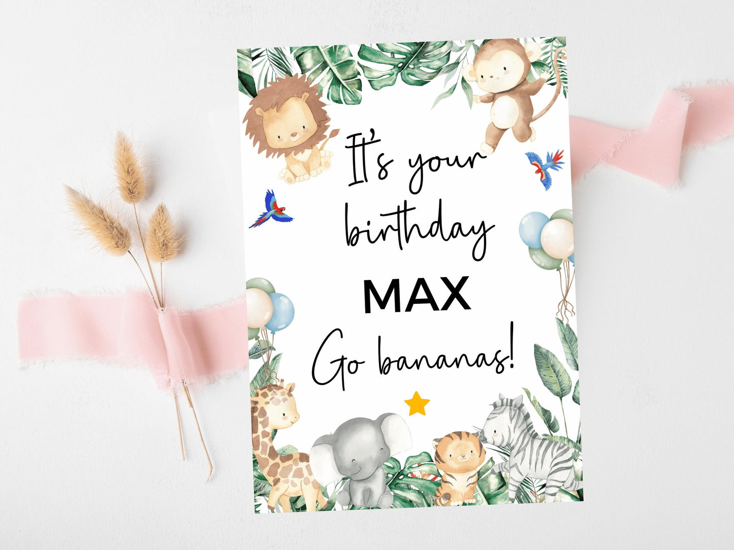 Its Your Birthday Go Bananas Happy Birthday Card/ Safari Theme Birthday Greetings Cards/ Childrens Birthday Party/ Jungle Animals