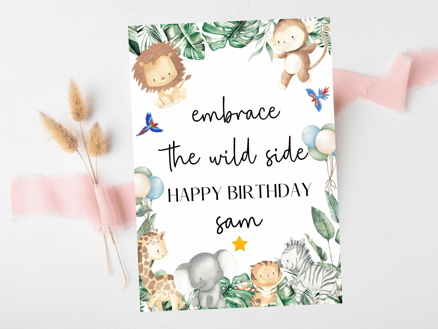 Embrace the Wild Side Happy Birthday Card/ Safari Theme Birthday Greeting Cards/ Childrens Birthday Party/ King of the Jungle Animals