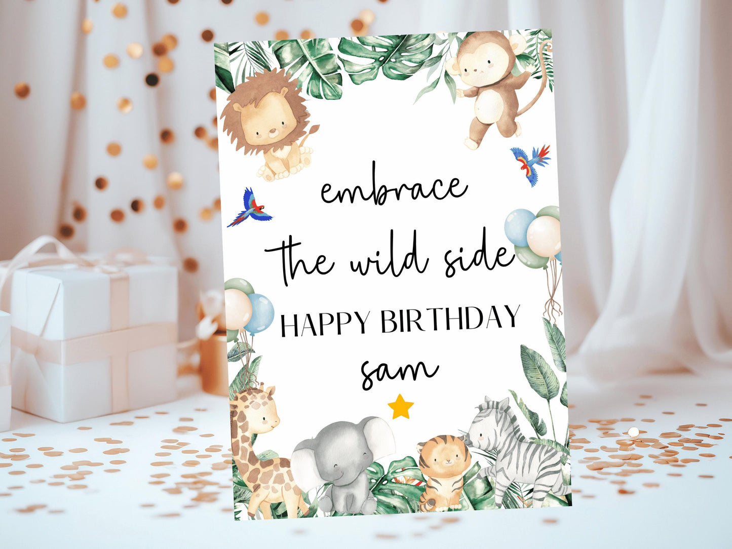 Embrace the Wild Side Happy Birthday Card/ Safari Theme Birthday Greeting Cards/ Childrens Birthday Party/ King of the Jungle Animals