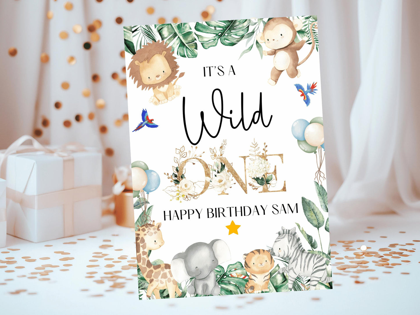 Wild One Happy Birthday Card/ Safari Theme Birthday Greetings Cards/ Childrens Birthday Party/ Jungle Animals/ King of the Jungle Card