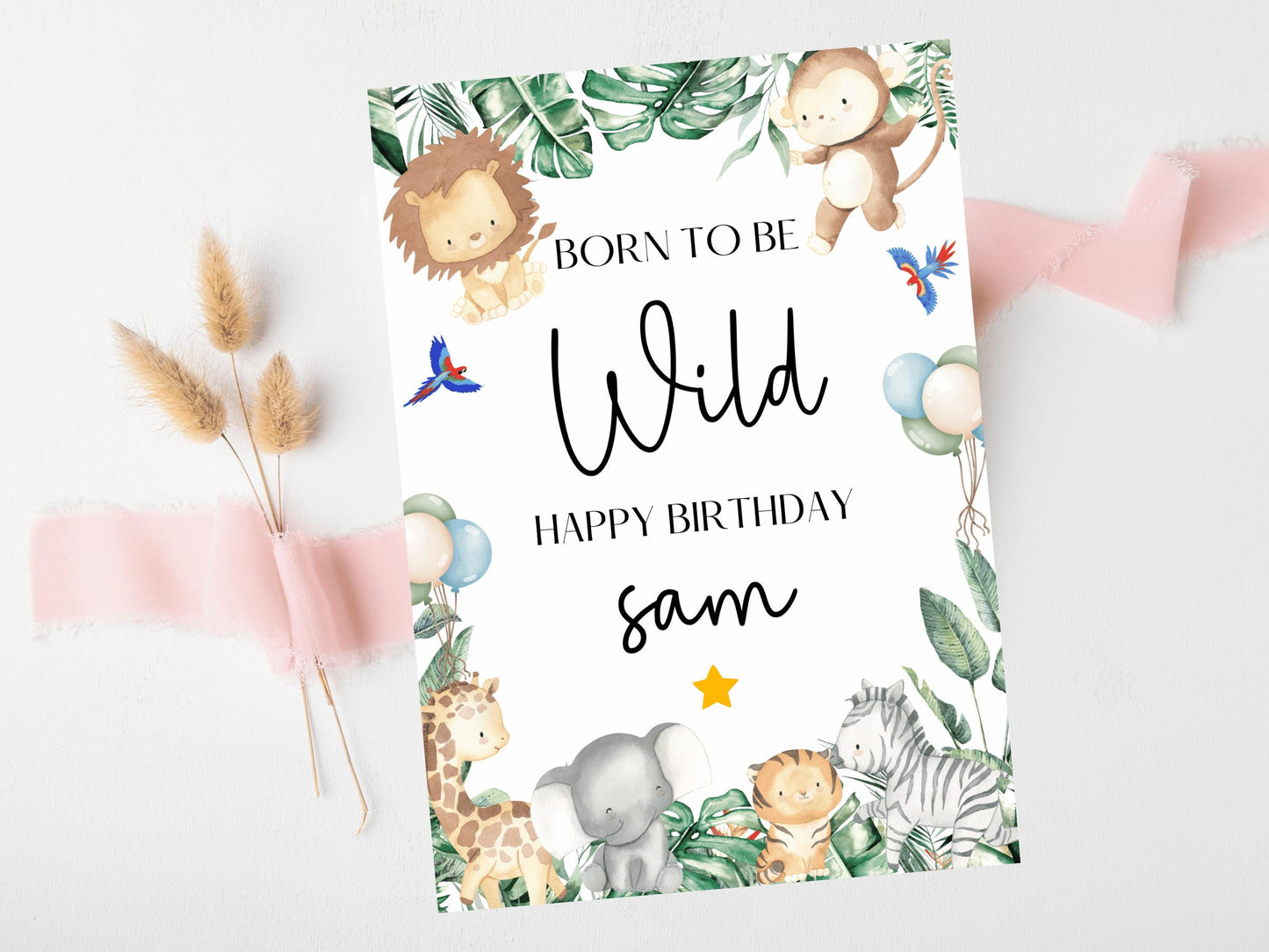 Born to Be Wild Happy Birthday Card/ Safari Theme Birthday Greetings Cards/ Childrens Birthday Party/ Jungle Animals/King of the Jungle Card